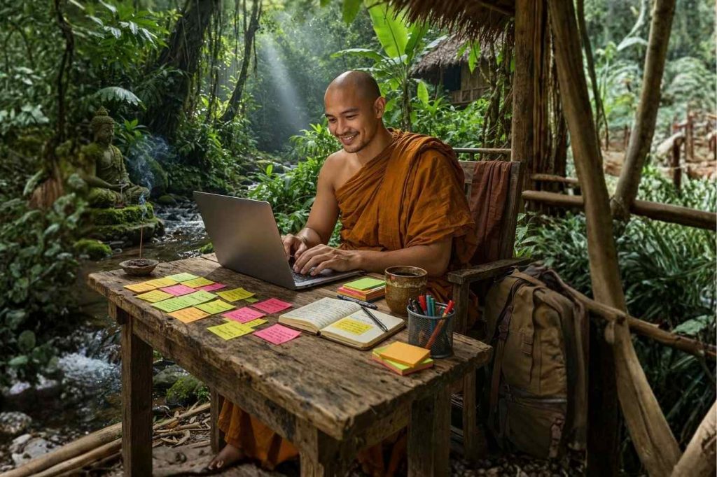 Monaco Buddista che lavora alla scrivania con notebook dentro una foresta